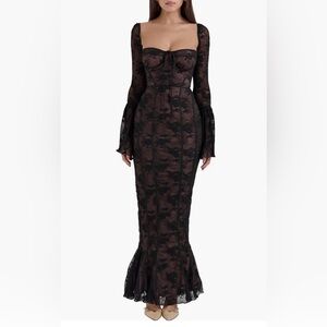 House of CB Delilah Black Bodycon Dress with Square Neckline and Bell Sleeves